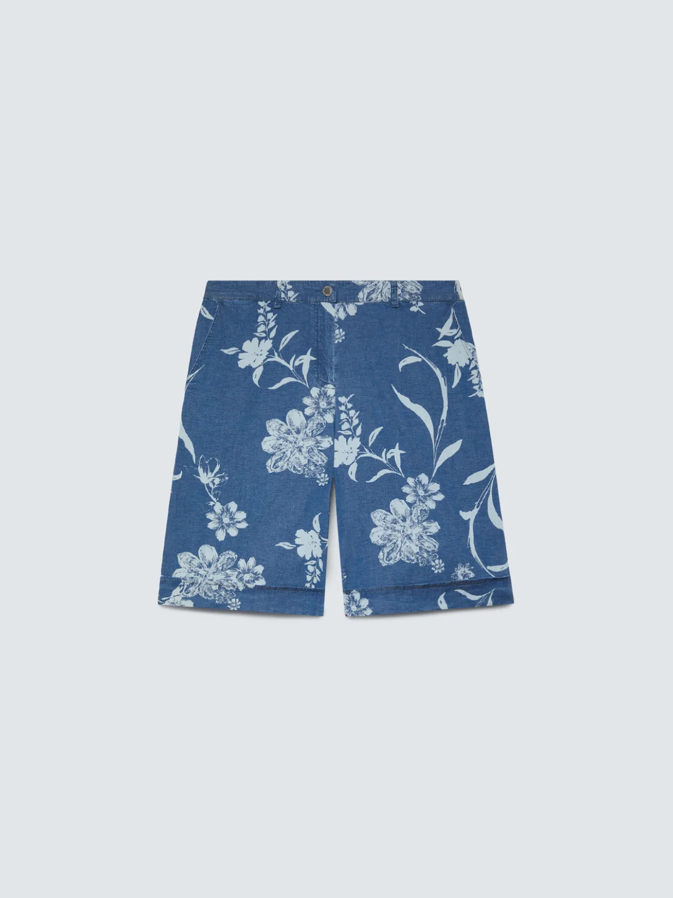 Bermuda in denim con stampa foliage delavé