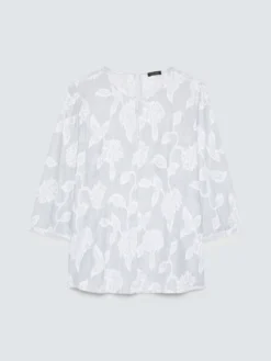 Blusa in cotone jacquard con ricamo floreale