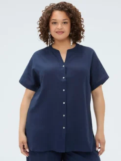 Camicia collo coreana in misto lino