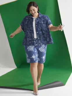 Camicia in denim con motivo jacquard foliage