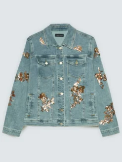 Giacca in denim con ricami floreali in paillettes