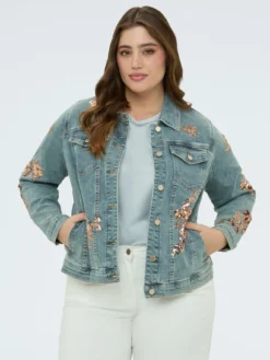 Giacca in denim con ricami floreali in paillettes