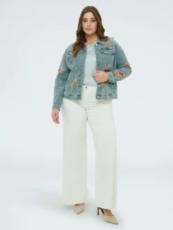 Giacca in denim con ricami floreali in paillettes