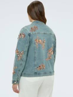 Giacca in denim con ricami floreali in paillettes