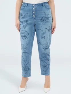 Jeans Barrel con ricamo floreale