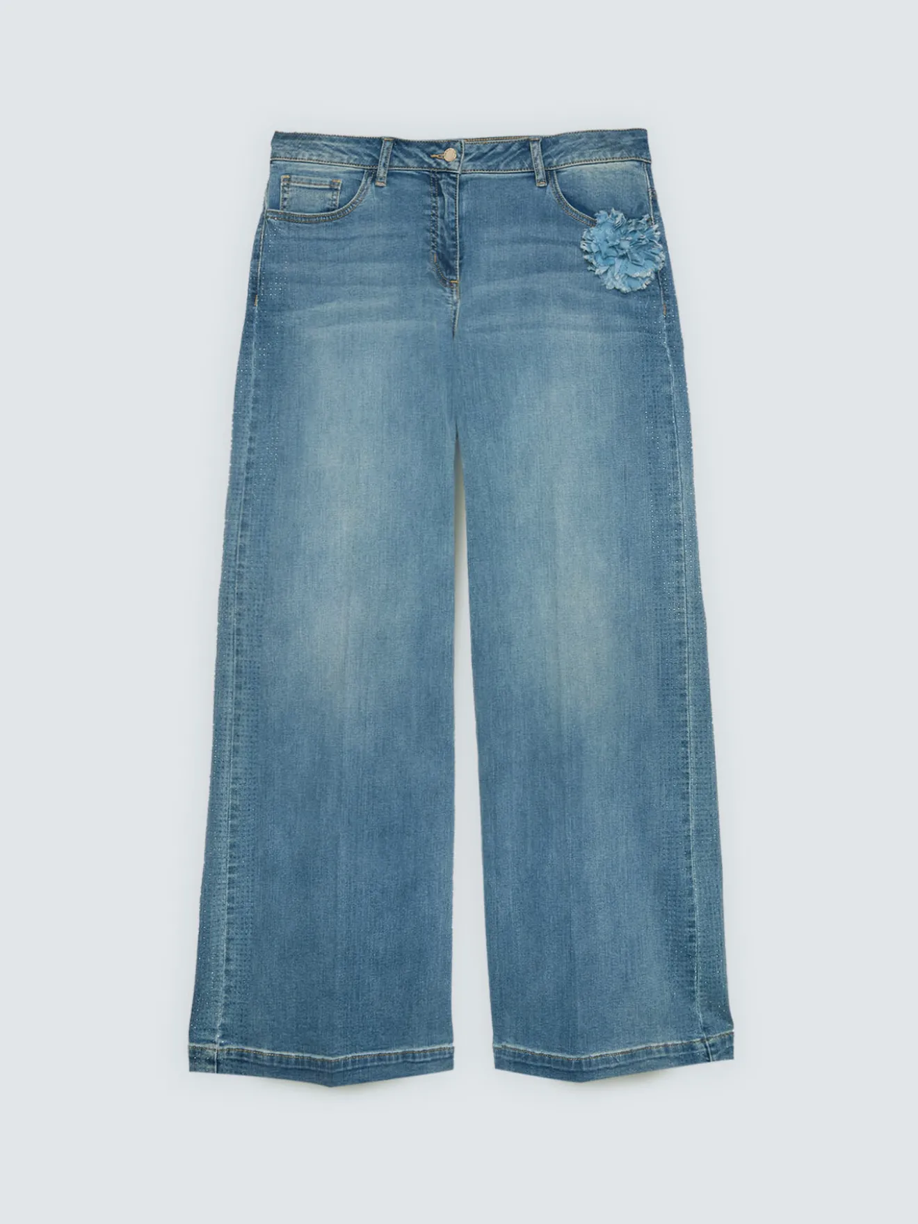 Jeans Wide Leg con spilla floreale