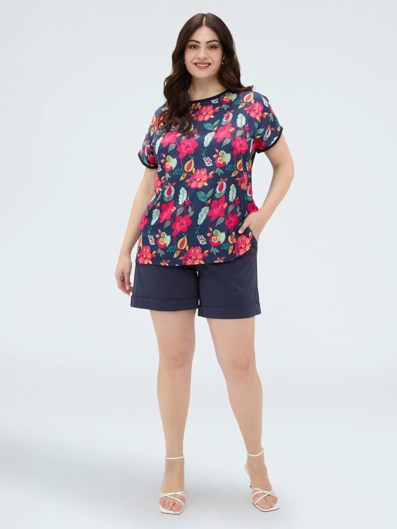 Maglia bimaterica con stampa floreale