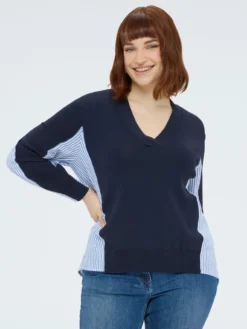Maglia scollo a V con inserti a righe