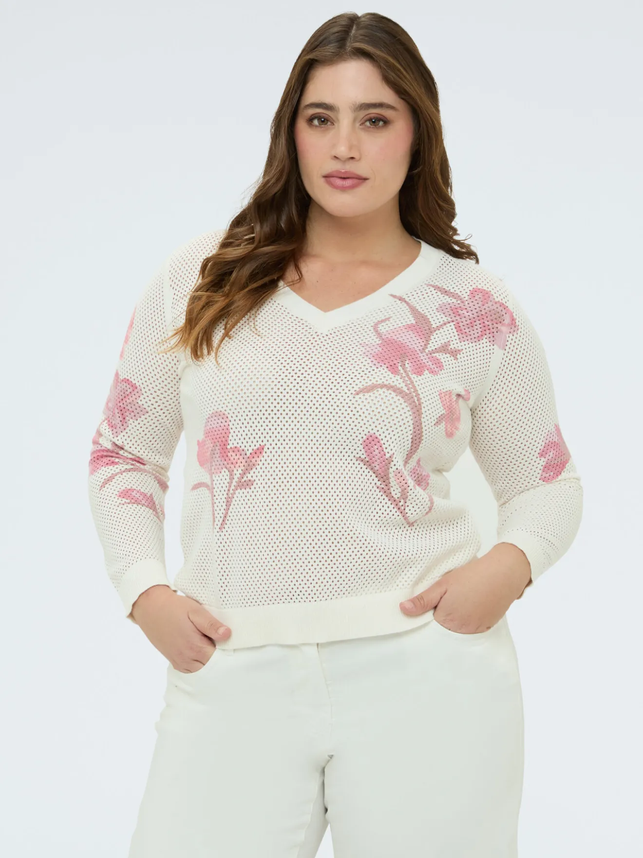 Maglia traforata con stampa floreale