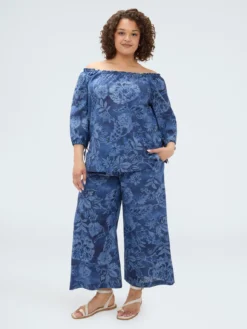 Pantaloni cropped in chambray con stampa