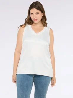 Top bimaterico con scollo a V