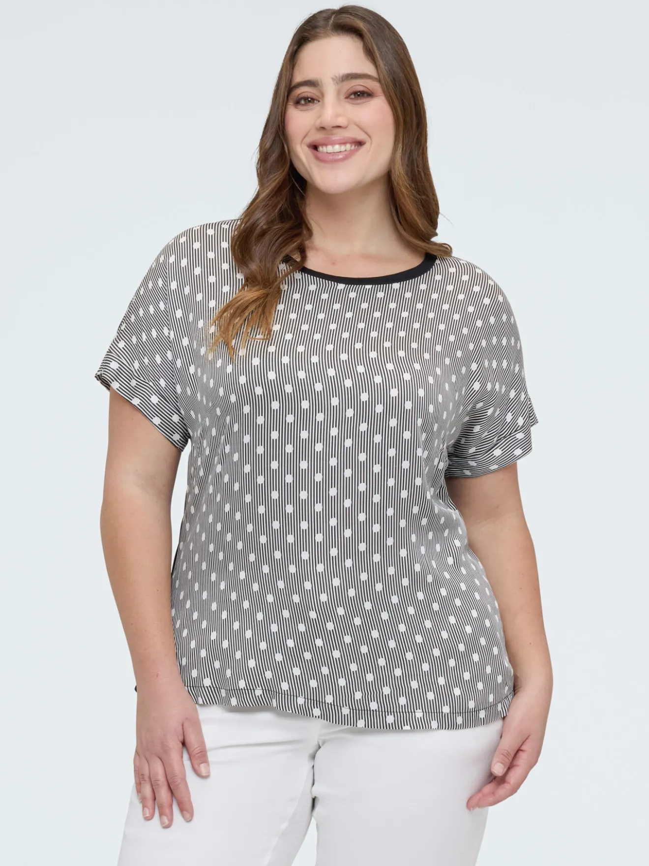 T-shirt bimaterica a righe e pois