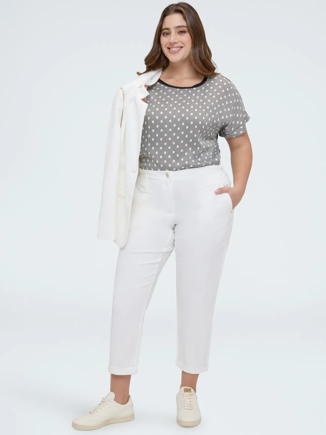 T-shirt bimaterica a righe e pois