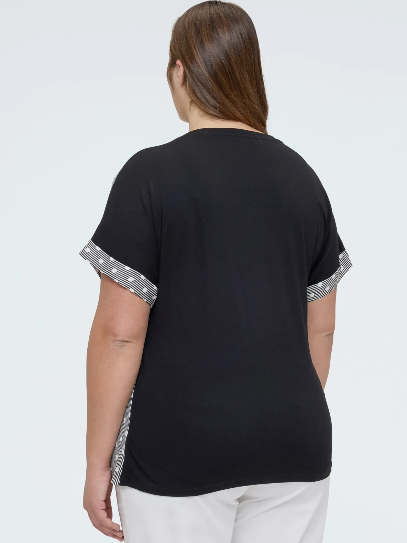 T-shirt bimaterica a righe e pois