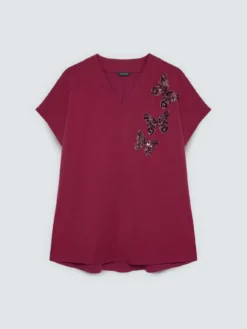T-shirt bimaterica con farfalle in paillettes