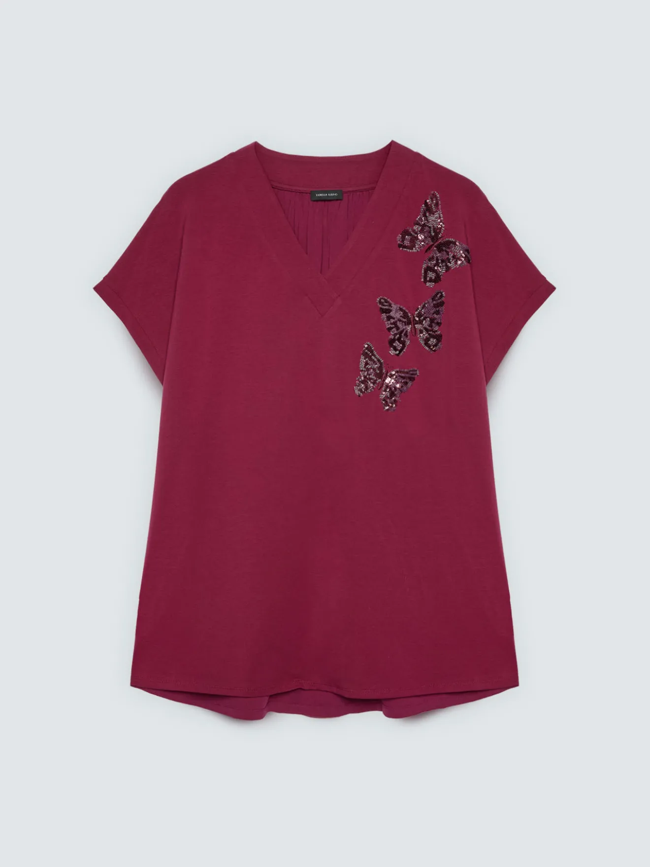 T-shirt bimaterica con farfalle in paillettes