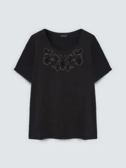 T-shirt bimaterica con ricamo floreale