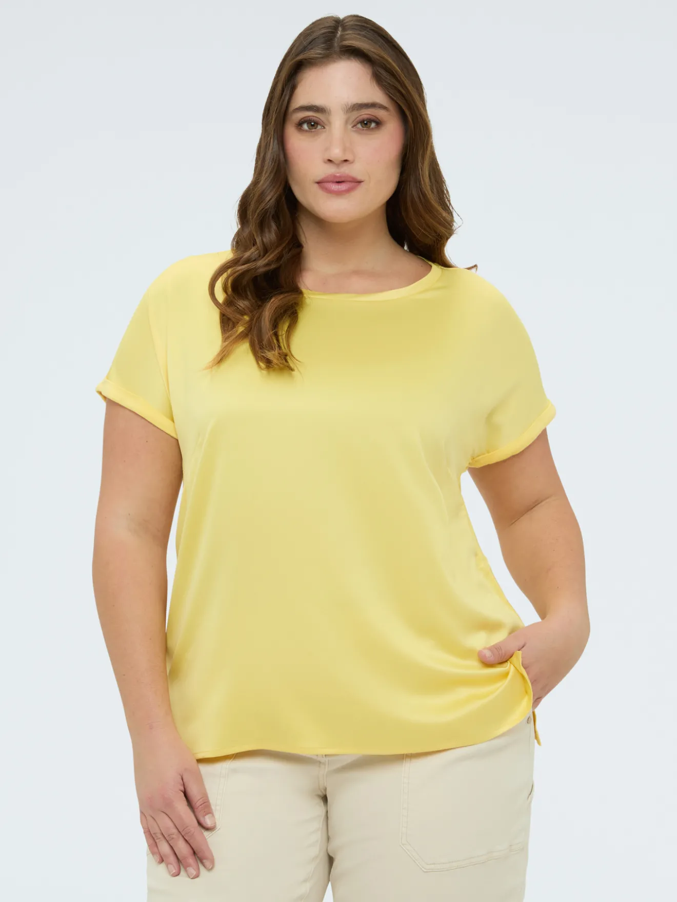 T-shirt bimaterica con scollo tondo