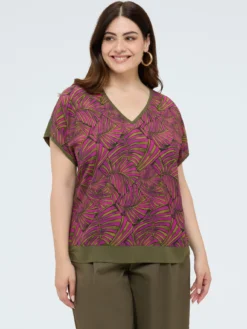 T-shirt bimaterica con stampa foliage