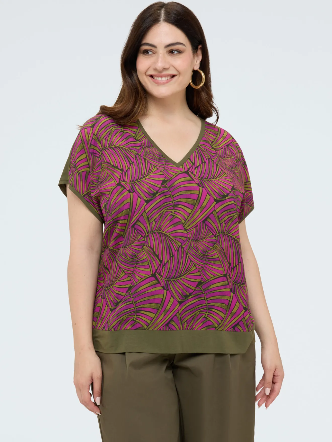 T-shirt bimaterica con stampa foliage