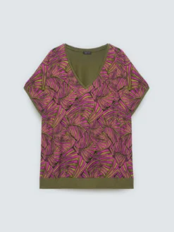 T-shirt bimaterica con stampa foliage