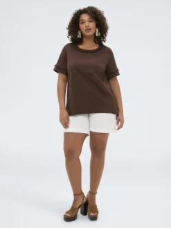 T-shirt bimaterica in misto lino
