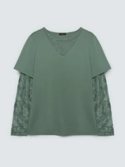 T-shirt con maniche e scollo in pizzo