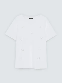 T-shirt in cotone con fiori in perline