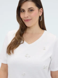 T-shirt in cotone con fiori in perline