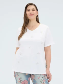 T-shirt in cotone con fiori in perline
