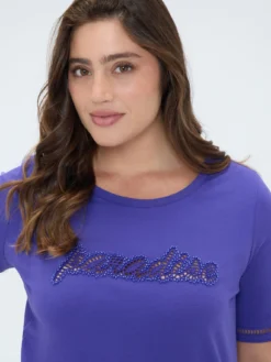 T-shirt in cotone con scritta in paillettes