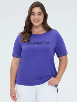 T-shirt in cotone con scritta in paillettes