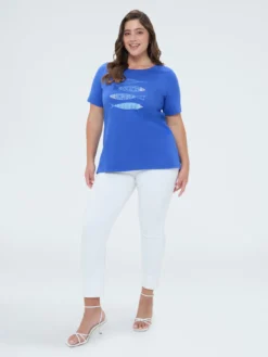 T-shirt in cotone con stampa e perline