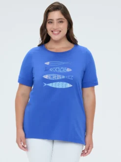 T-shirt in cotone con stampa e perline
