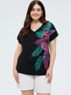 T-shirt in cotone con stampa tropicale