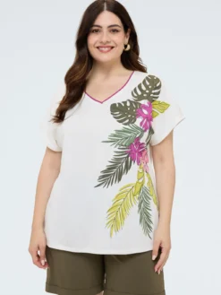 T-shirt in cotone con stampa tropicale
