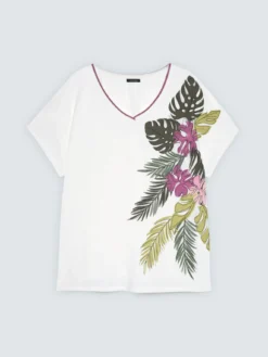 T-shirt in cotone con stampa tropicale