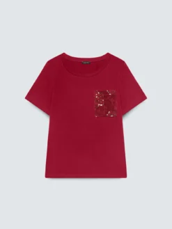 T-shirt in cotone con taschino in uncinetto e paillettes
