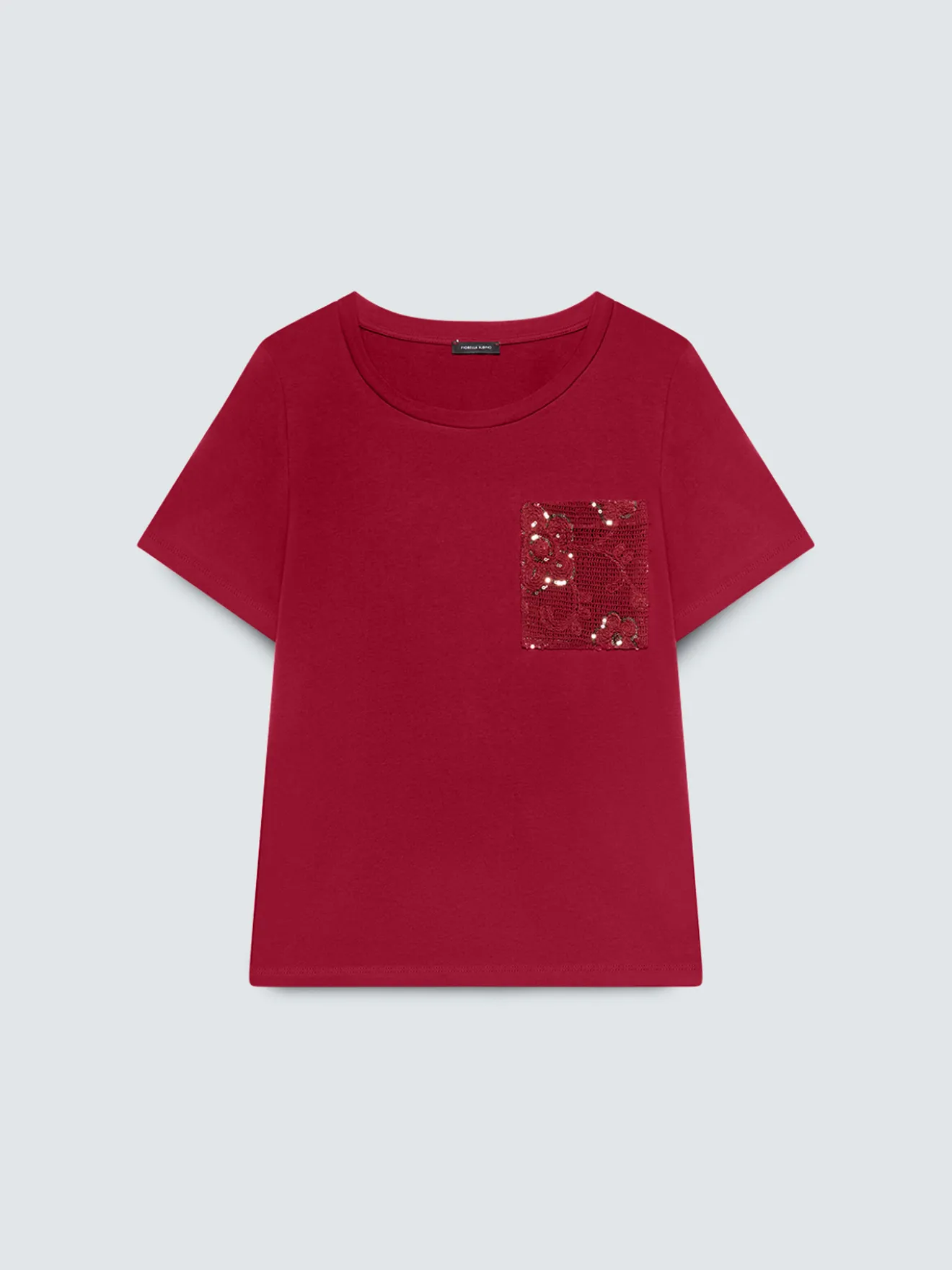 T-shirt in cotone con taschino in uncinetto e paillettes