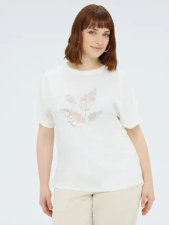 T-shirt in jersey con foliage in paillettes