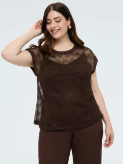 T-shirt in maglia traforata ajouré con paillettes