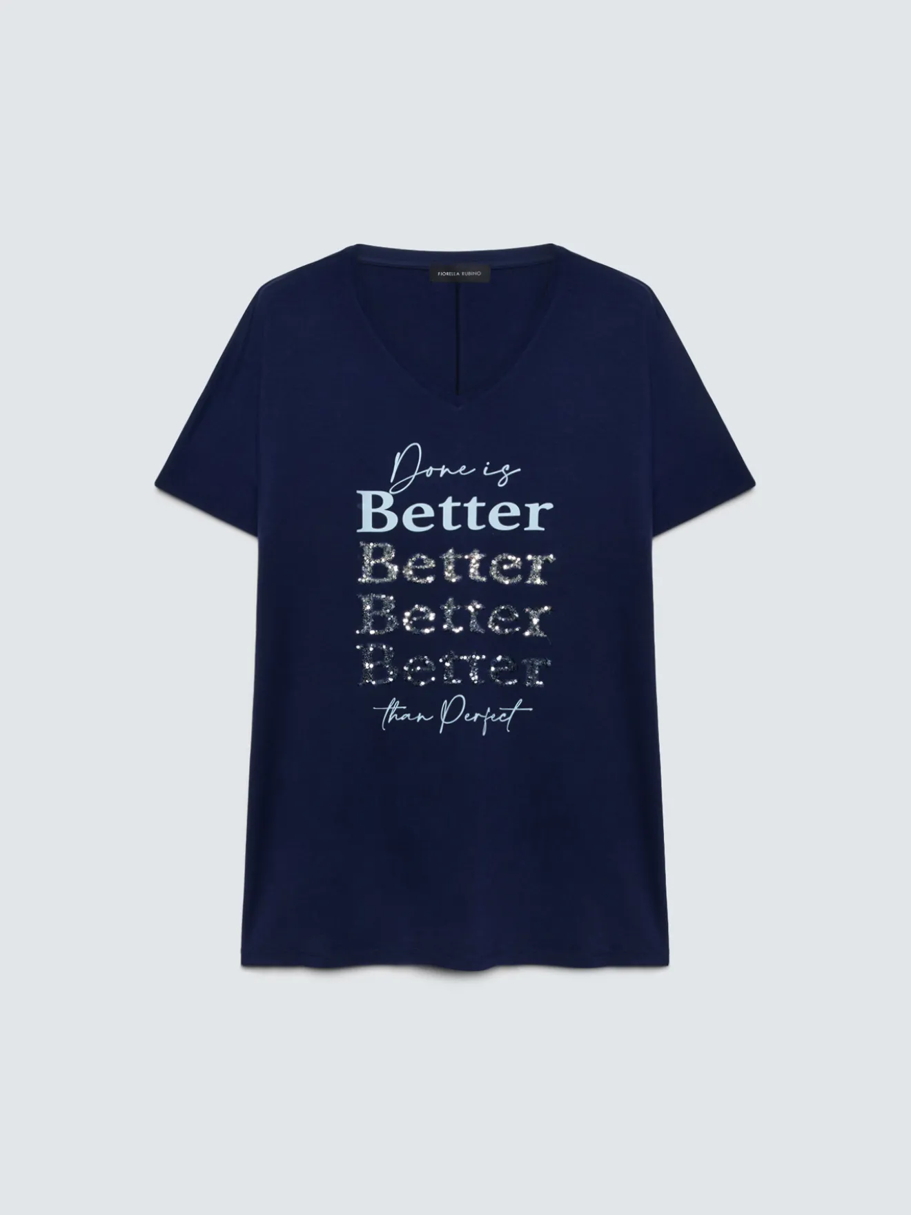 T-shirt in viscosa con scritta e paillettes