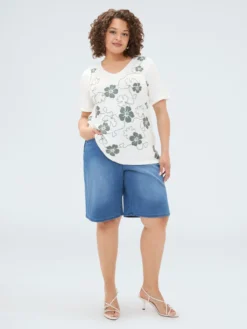 T-shirt in viscosa con stampa floreale e ricamo