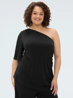 T-shirt monospalla in jersey con punti luce