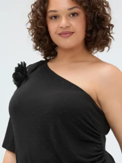 T-shirt monospalla in jersey con punti luce