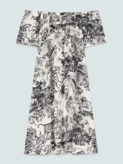 Vestito off-shoulder con stampa esotica