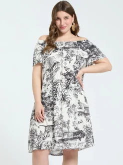 Vestito off-shoulder con stampa esotica